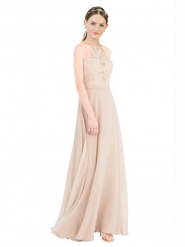 Champanhe Linha A Cabeçada Chiffon & Renda Longo Vestidos de Madrinha / Vestidos de Festa