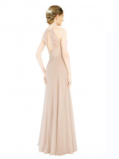 Champanhe Linha A Cabeçada Chiffon & Renda Longo Vestidos de Madrinha / Vestidos de Festa