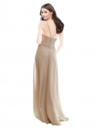Champanhe Linha A Decote Alto Chiffon Longo Vestidos de Madrinha