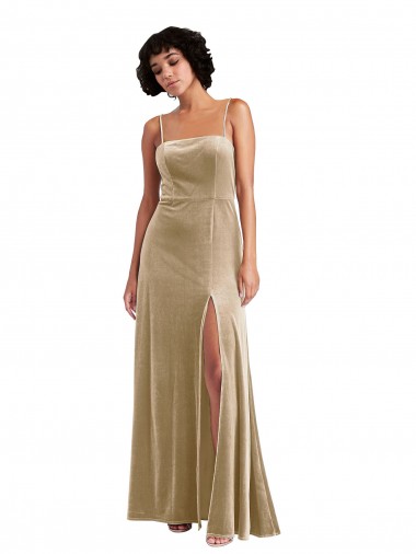 Champanhe Linha A Decote Quadrado Veludo Elástico Longo Formais Vestidos de Madrinha / Vestidos de Festa