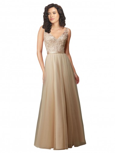 Champanhe Linha A Decote V Tule & Renda Longo Vestidos de Madrinha