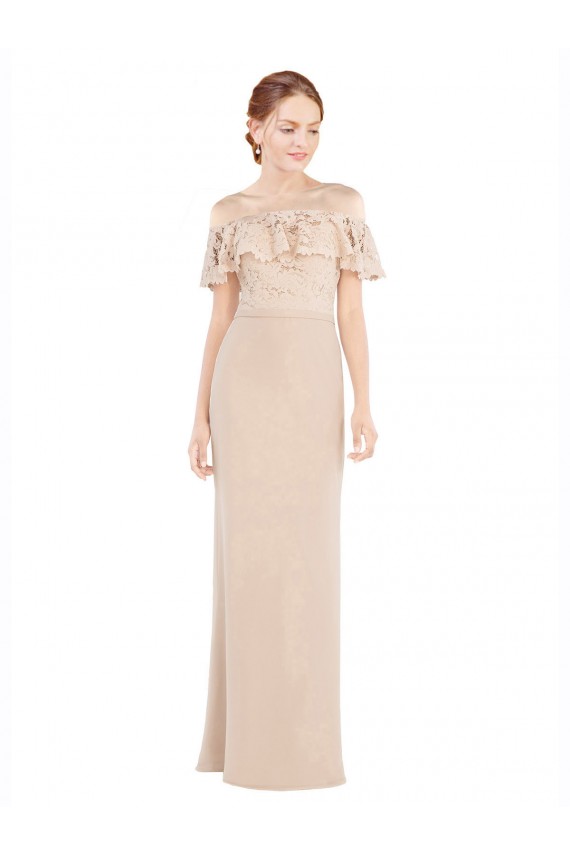 Champanhe Linha A Fora do Ombro Chiffon & Renda Longo Vestidos de Madrinha / Vestidos de Festa Acessíveis