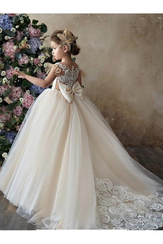 Champanhe Vestido de Baile Amor Comboio Capela Tule & Renda Longo Vestidos para meninas de flores Acessíveis