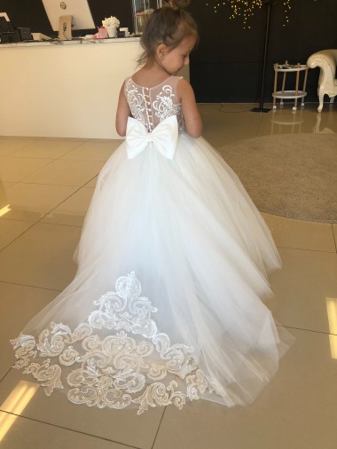 Champanhe Vestido de Baile Amor Comboio Capela Tule & Renda Longo Vestidos para meninas de flores