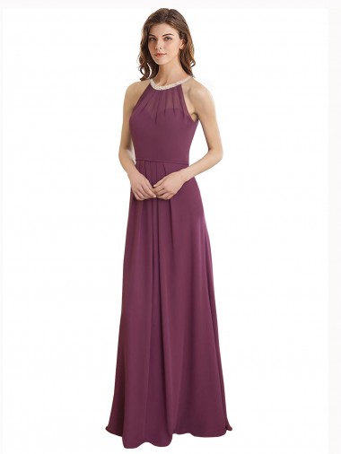Chiffon Linha A Buraco da fechadura Decote Alto Longo Vestidos de Madrinha