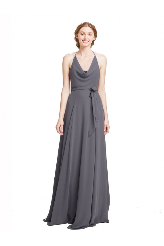 Cinza Ardósia Linha A Alças finas Chiffon Longo Vestidos de Madrinha