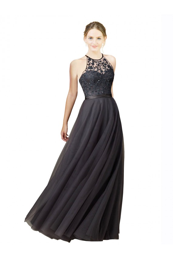 Cinza Ardósia Linha A Amor Tule & Renda Longo Vestidos de Madrinha