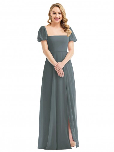 Cinza Ardósia Linha A Decote Quadrado Chiffon Longo Vestidos de Madrinha