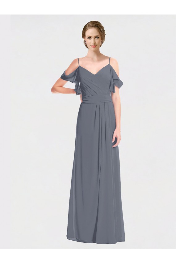 Cinza Ardósia Linha A Fora do Ombro Chiffon Longo Vestidos de Madrinha Acessíveis
