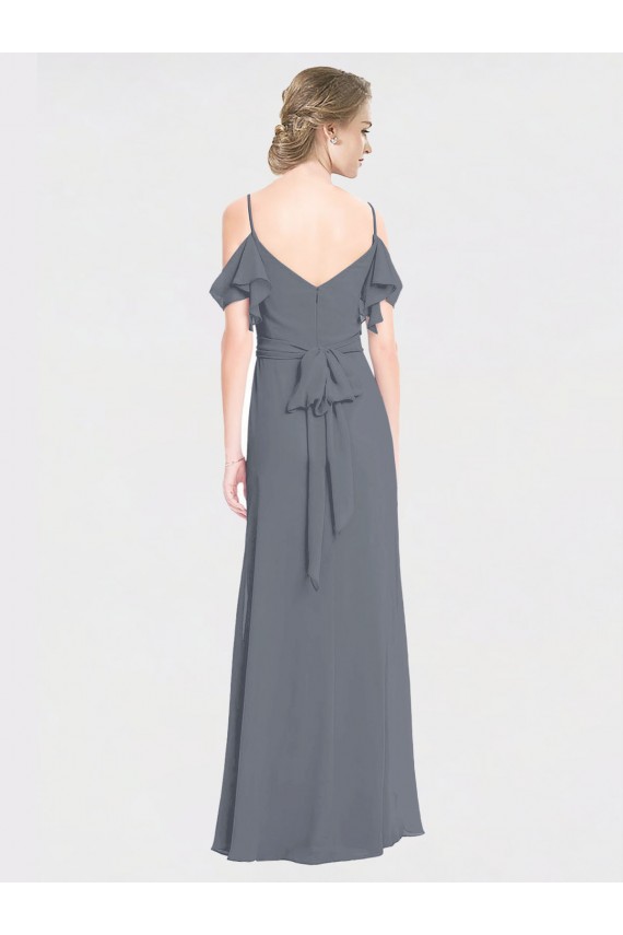 Cinza Ardósia Linha A Fora do Ombro Chiffon Longo Vestidos de Madrinha Acessíveis