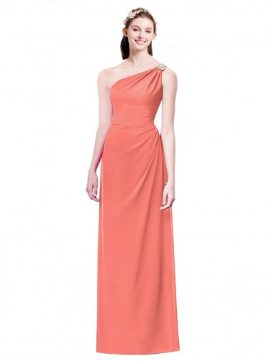 Coral Linha A Um Ombro Chiffon Longo Vestidos de Madrinha