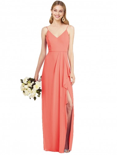 Coral Trombeta Alças finas Chiffon Longo Vestidos de Madrinha