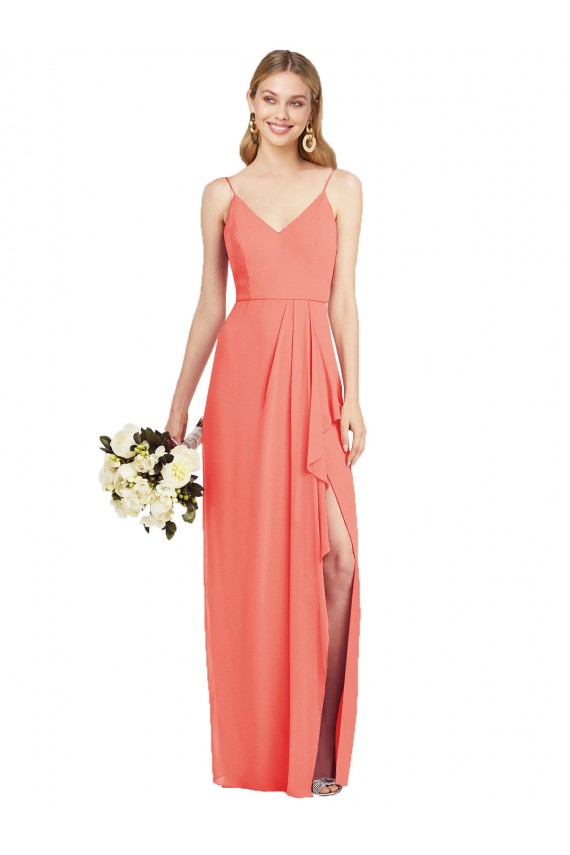 Coral Trombeta Alças finas Chiffon Longo Vestidos de Madrinha