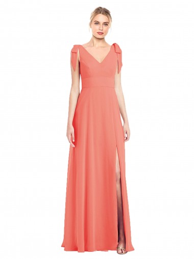 Coral Trombeta Decote V Chiffon Longo Vestidos de Madrinha