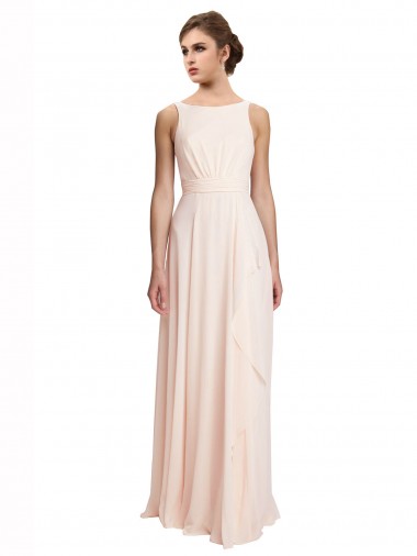Creme Rosa Chiffon Linha A Costas em V Decote Alto Longo Vestidos de Madrinha