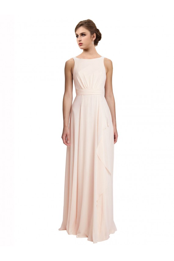 Creme Rosa Chiffon Linha A Costas em V Decote Alto Longo Vestidos de Madrinha Acessíveis