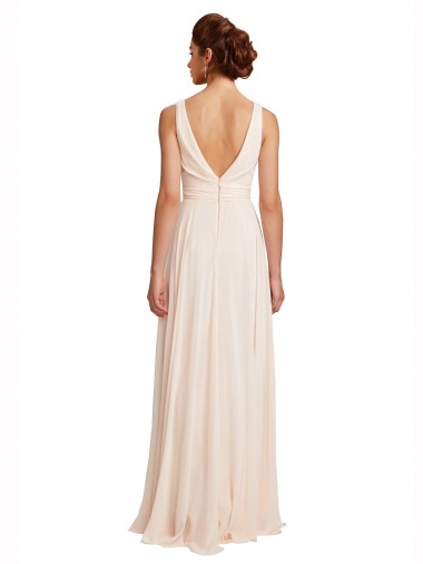 Creme Rosa Chiffon Linha A Costas em V Decote Alto Longo Vestidos de Madrinha
