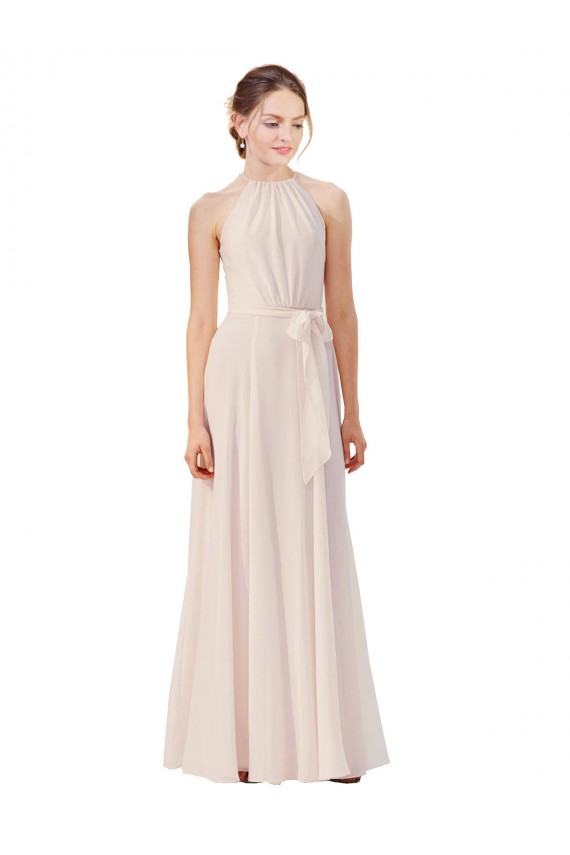 Creme Rosa Chiffon Linha A Decote Alto Longo Vestidos de Madrinha Acessíveis