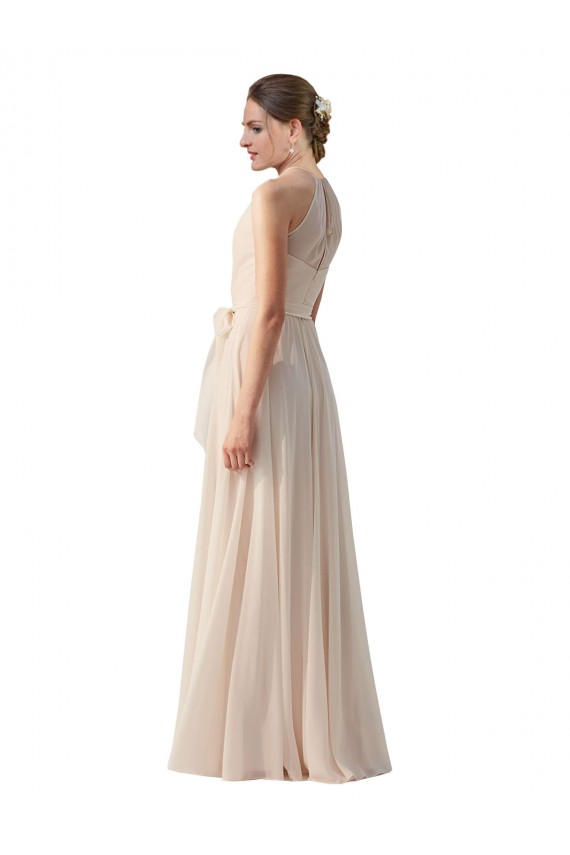 Creme Rosa Chiffon Linha A Decote Alto Longo Vestidos de Madrinha Acessíveis