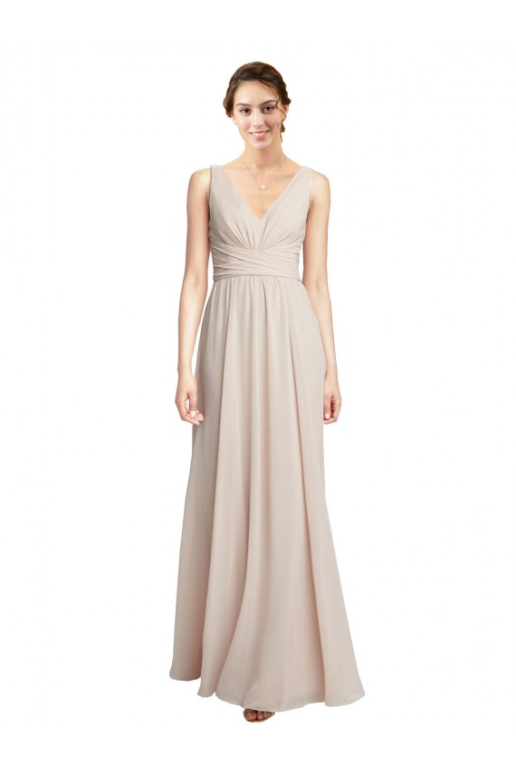 Creme Rosa Chiffon Linha A Decote V Longo Vestidos de Madrinha Acessíveis