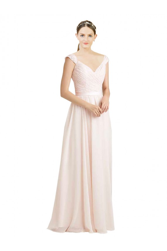 Creme Rosa Linha A Amor Chiffon & Renda Longo Vestidos de Madrinha Acessíveis