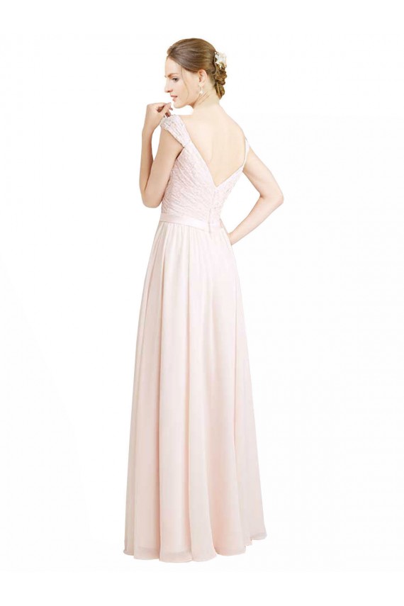 Creme Rosa Linha A Amor Chiffon & Renda Longo Vestidos de Madrinha Acessíveis