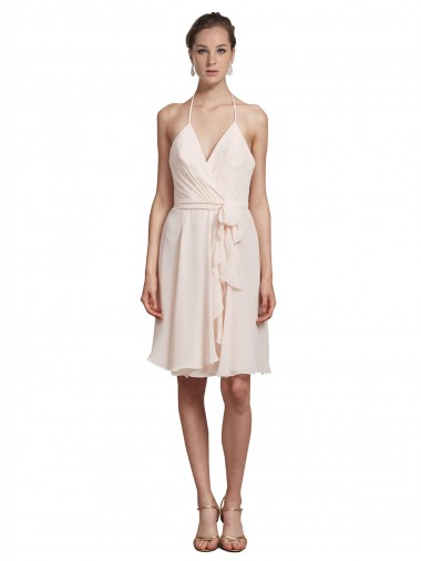 Creme Rosa Linha A Cabeçada Chiffon Curto Vestidos de Madrinha / Vestidos de Homecoming
