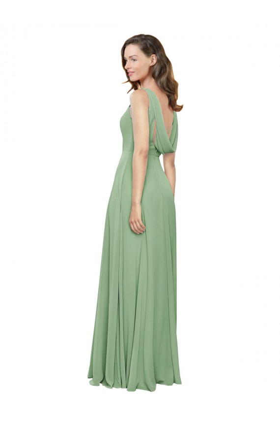 Ervas Marinhas Linha A Decote Quadrado Chiffon Longo Vestidos de Madrinha Acessíveis