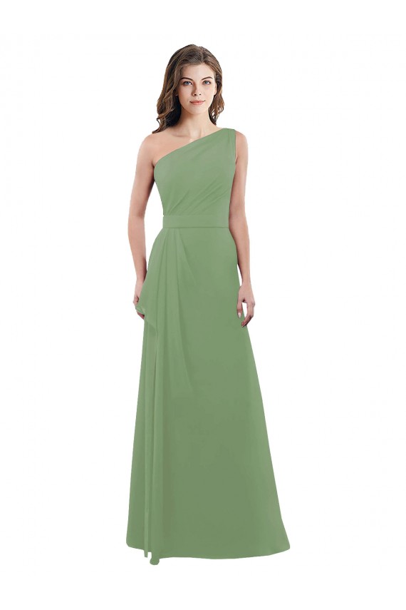 Ervas Marinhas Linha A Um Ombro Chiffon Longo Vestidos de Madrinha Acessíveis