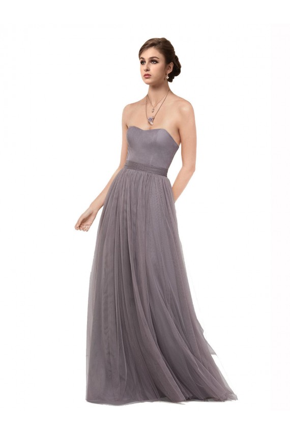 Estanho Linha A Alças finas Tule Longo Vestidos de Madrinha Acessíveis