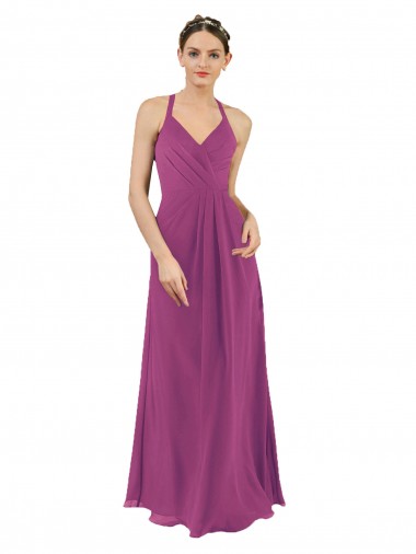 Frutos Silvestres Bainha Decote V Chiffon Longo Vestidos de Madrinha