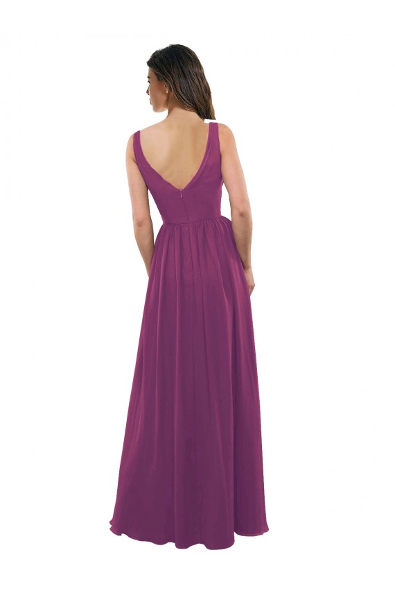 Frutos Silvestres Linha A Decote V Chiffon Longo Vestidos de Madrinha Acessíveis
