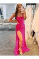 Fúcsia Bainha Alças finas Comboio Varredela Lantejoulas Veludo Longo Lantejoulas Veludo Vestidos de Festa Acessíveis