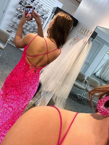Fúcsia Bainha Alças finas Comboio Varredela Lantejoulas Veludo Longo Lantejoulas Veludo Vestidos de Festa