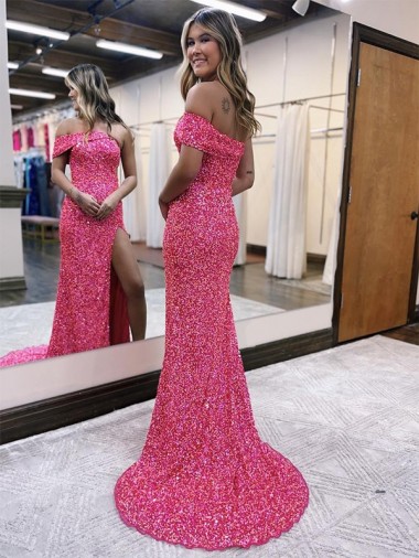 Fúcsia Bainha Um Ombro Comboio Varredela Lantejoulas Veludo Longo Lantejoulas Veludo Vestidos de Festa