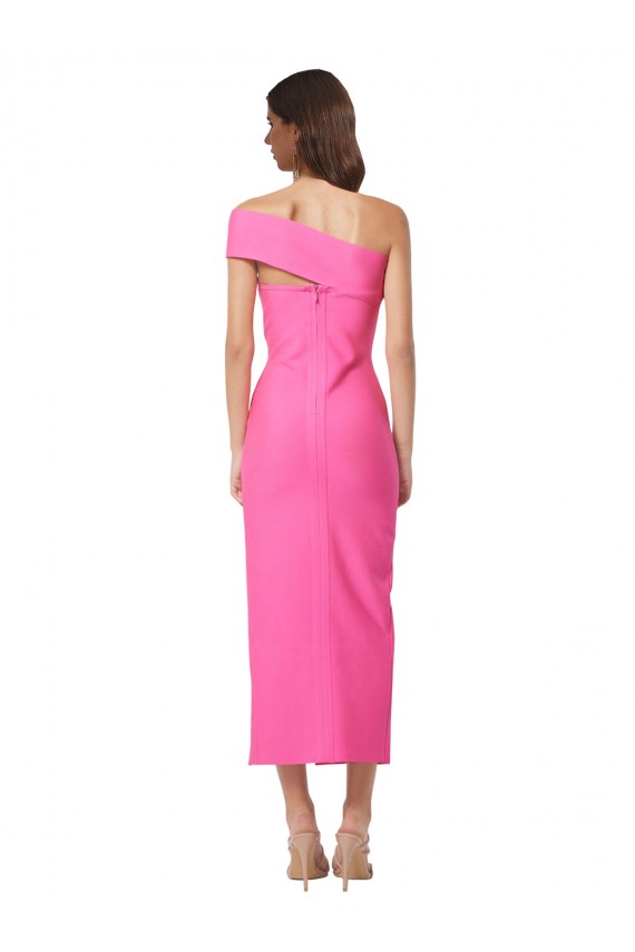 Fúcsia Bainha Um Ombro Comprimento Midi Crepe Esticado Longo Formais Vestidos de Madrinha / Vestidos de Festa Acessíveis