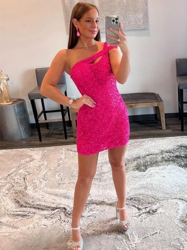 Fúcsia Bainha Um Ombro Curto Lantejoulas Veludo Curto Lantejoulas Veludo Vestidos de Festa