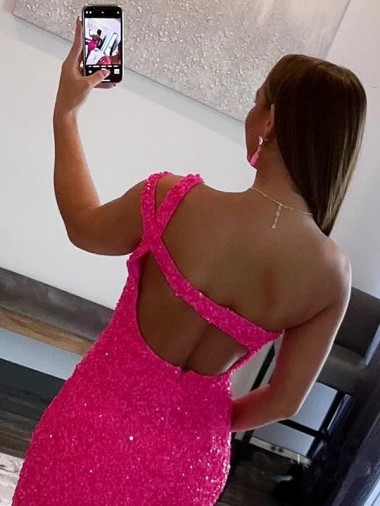 Fúcsia Bainha Um Ombro Curto Lantejoulas Veludo Curto Lantejoulas Veludo Vestidos de Festa