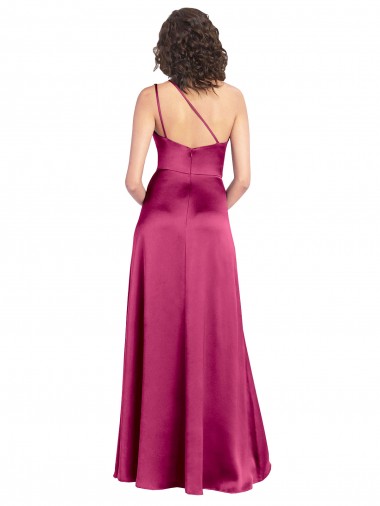 Fúcsia Cetim Elástico Linha A Abrir de volta Um Ombro Longo Formais Vestidos de Madrinha / Vestidos de Noite / Vestidos de Festa