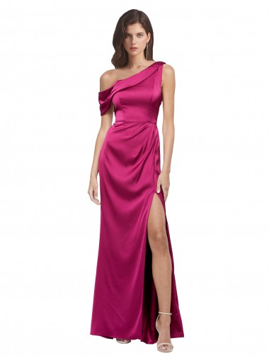Fúcsia Cetim Elástico Linha A Um Ombro Longo Formais Vestidos de Madrinha / Vestidos de Noite / Vestidos de Festa
