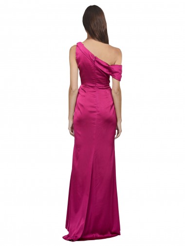 Fúcsia Cetim Elástico Linha A Um Ombro Longo Formais Vestidos de Madrinha / Vestidos de Noite / Vestidos de Festa