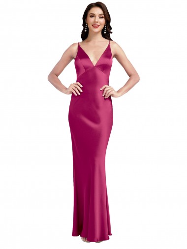 Fúcsia Linha A Alças finas Cetim Elástico Longo Formais Vestidos de Madrinha / Vestidos de Festa
