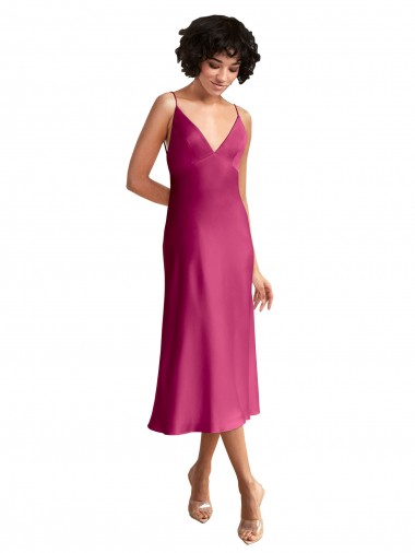 Fúcsia Linha A Decote V Comprimento Midi Cetim Elástico Curto Formais Vestidos de Madrinha / Vestidos de Festa