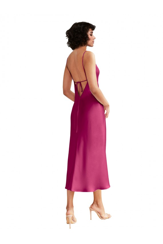 Fúcsia Linha A Decote V Comprimento Midi Cetim Elástico Curto Formais Vestidos de Madrinha / Vestidos de Festa