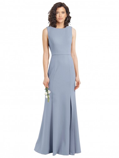 Fumo Azul Bainha Decote Barco Crepe Esticado Longo Vestidos de Madrinha