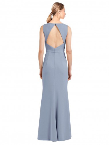 Fumo Azul Bainha Decote Barco Crepe Esticado Longo Vestidos de Madrinha