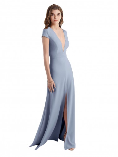 Fumo Azul Bainha Decote V Crepe Esticado Longo Vestidos de Madrinha / Vestidos de Festa