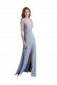 Fumo Azul Bainha Decote V Crepe Esticado Longo Vestidos de Madrinha / Vestidos de Festa Acessíveis