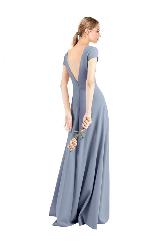Fumo Azul Bainha Decote V Crepe Esticado Longo Vestidos de Madrinha / Vestidos de Festa Acessíveis