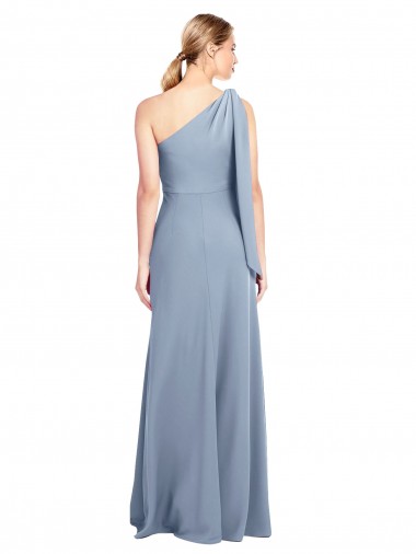 Fumo Azul Crepe Esticado Bainha Um Ombro Longo Formais Vestidos de Madrinha / Vestidos de Noite / Vestidos de Festa